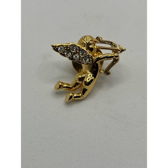 Cupid and Bird Lapel Pins Gold Tone Angel Cherub Dove‎ Set of 2 Brooches - Picture 2 of 6